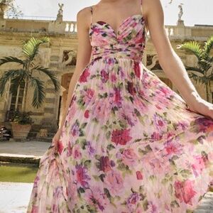 Lulus Samika Pink Multi Floral Satin Pleated Maxi Dress - Size L
